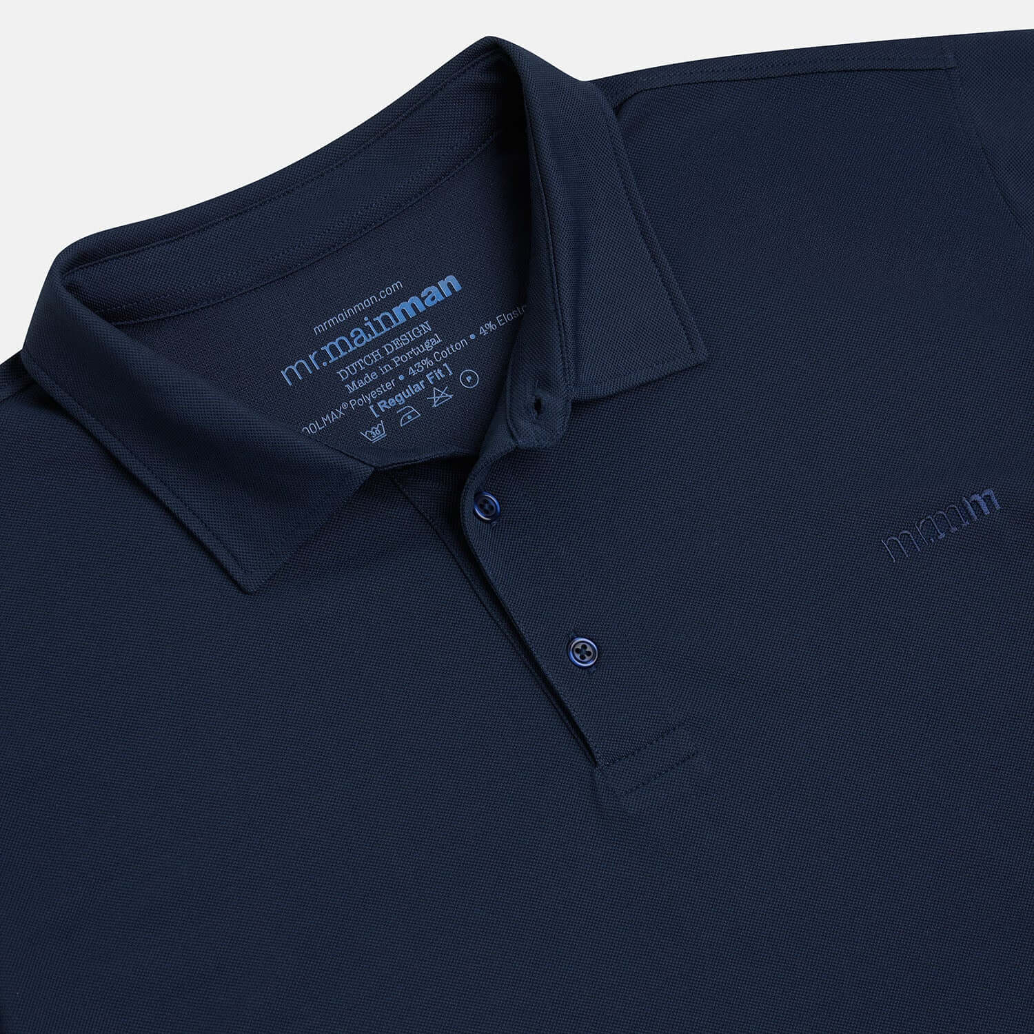 Collar detail of Plus size short sleeve mens breathable piqué polo in sizes XL-5XL, in Navy, Dark blue