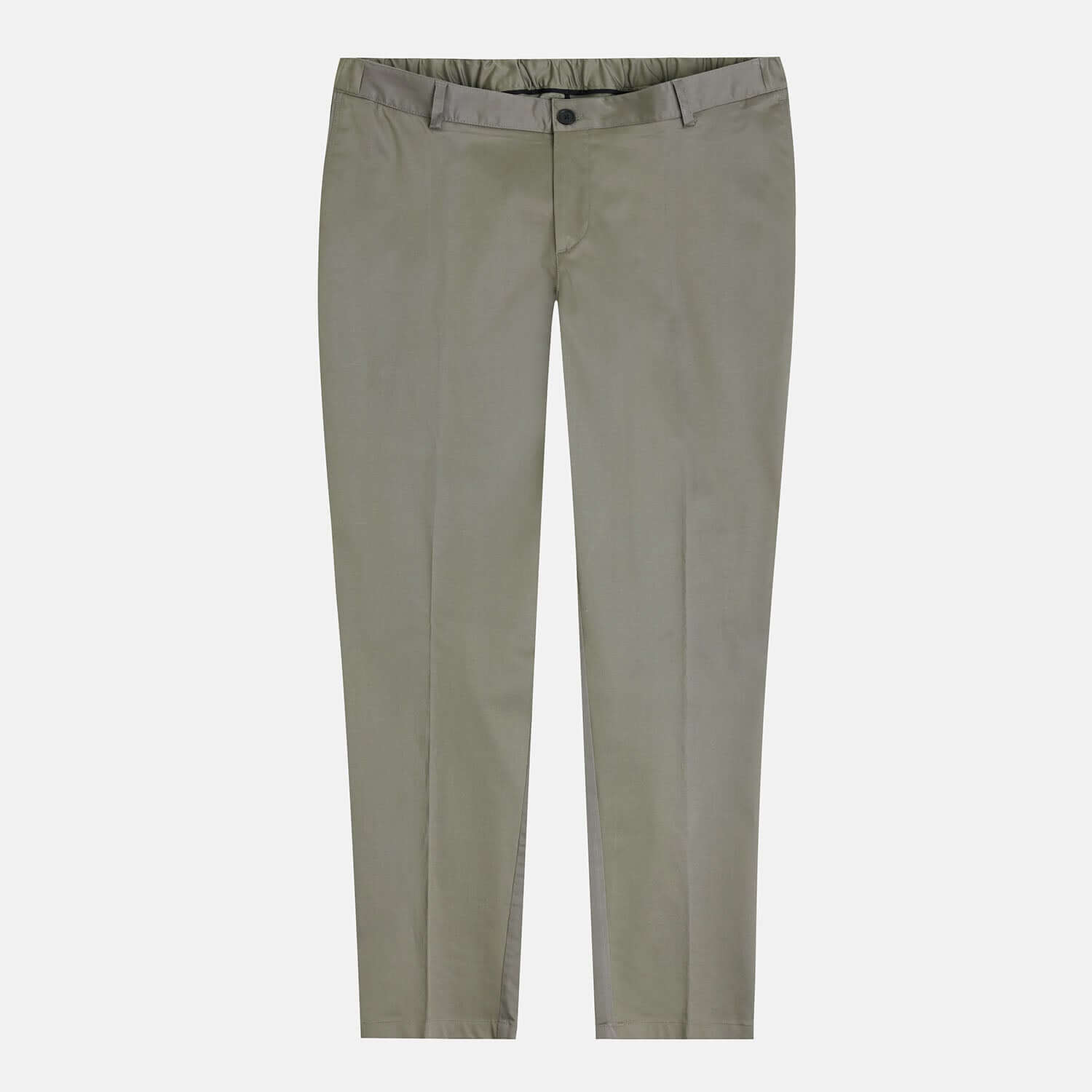 Front view of Plus size regular fit khaki green menswear chino. Stretch chino for men in sizes XL–5XL (38–44) with comfort waistband for modern style.