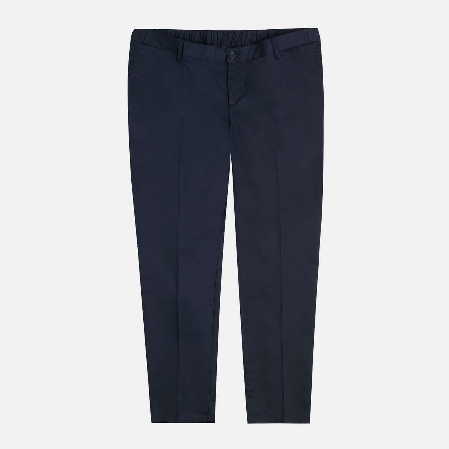 Front view of Plus size regular fit navy menswear chino. Stretch chino for men in sizes XL–5XL (38–44) with comfort waistband for modern style.