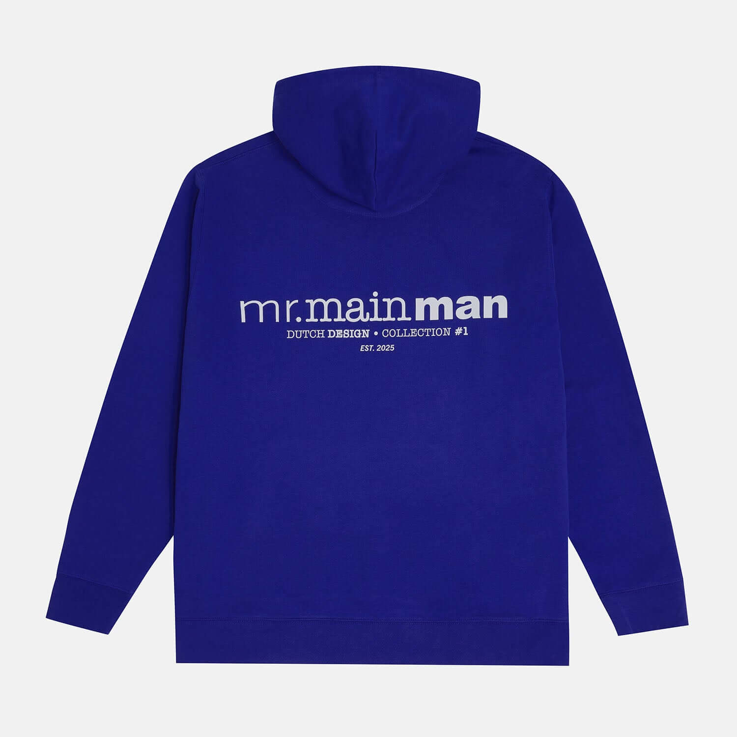 Back side view of The Hoodie in Bright Blue, with a Bold White Logo Print. In a relaxed fit and cozy fabric for plus-size comfort.