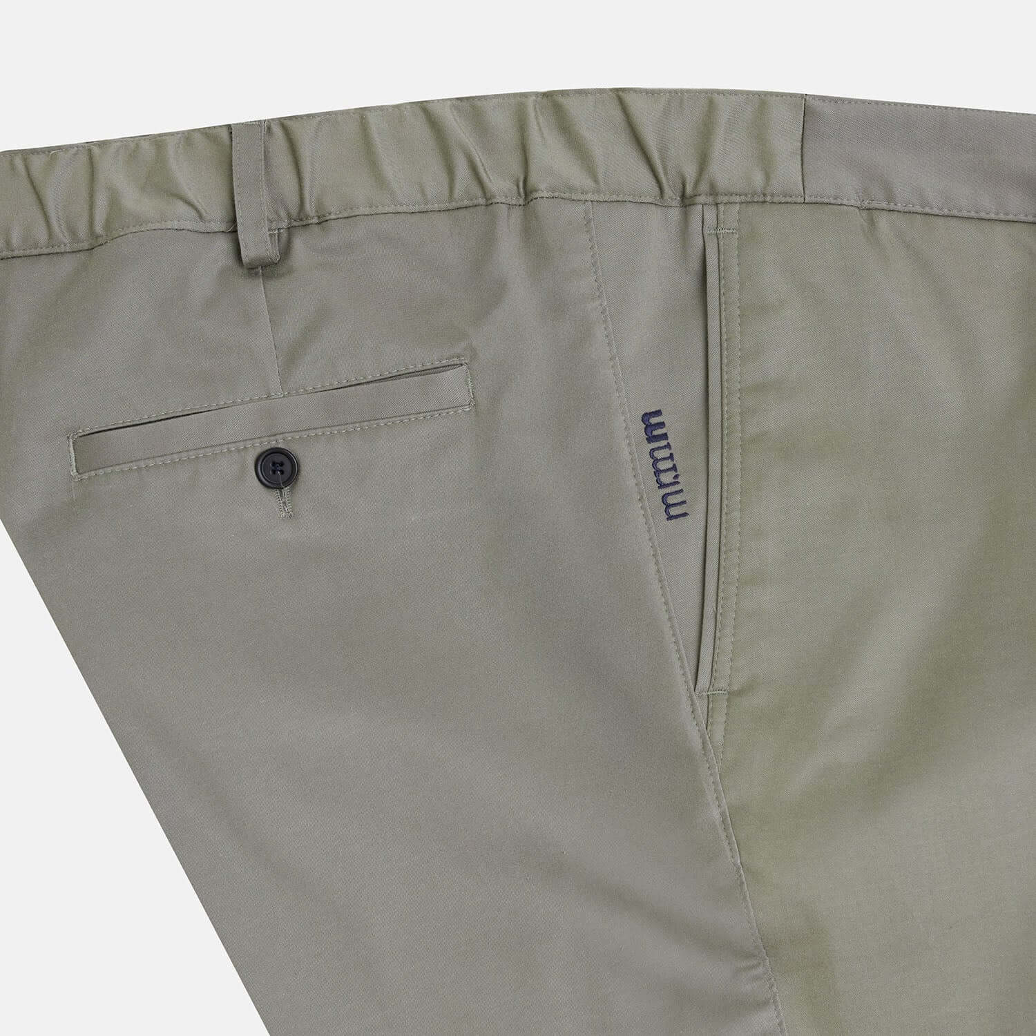 Side Pocket with embroidery detail view of Khaki Regular fit Stretch Chino pants for plus size men with comfortable elastic waistband