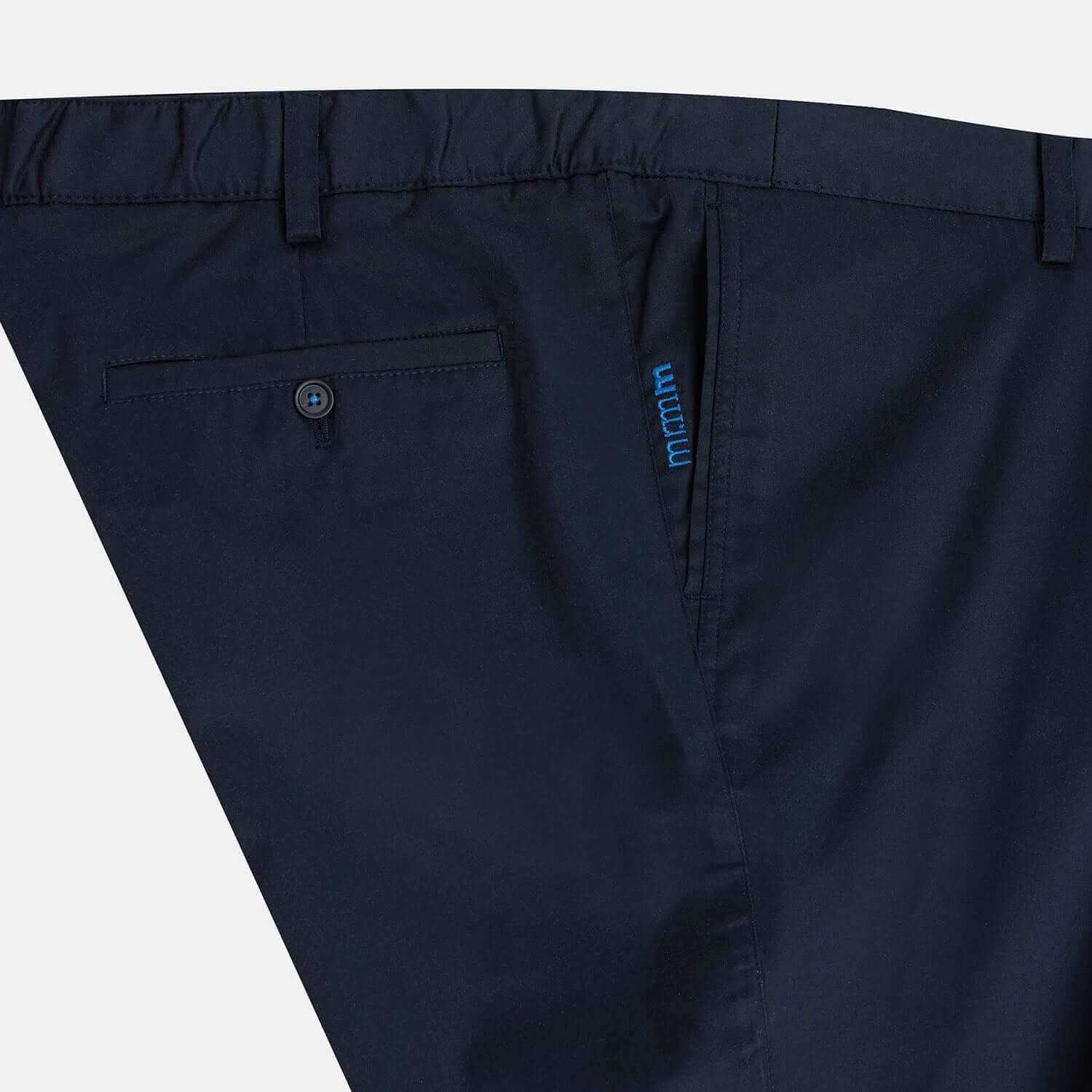 Side Pocket with embroidery detail view of Navy Regular fit Stretch Chino pants for plus size men with comfortable elastic waistband