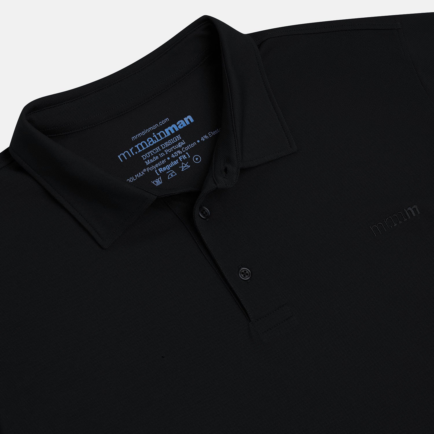 Collar detail and embroidery on chest of Plus size short sleeve mens breathable piqué polo in sizes XL-5XL, in black